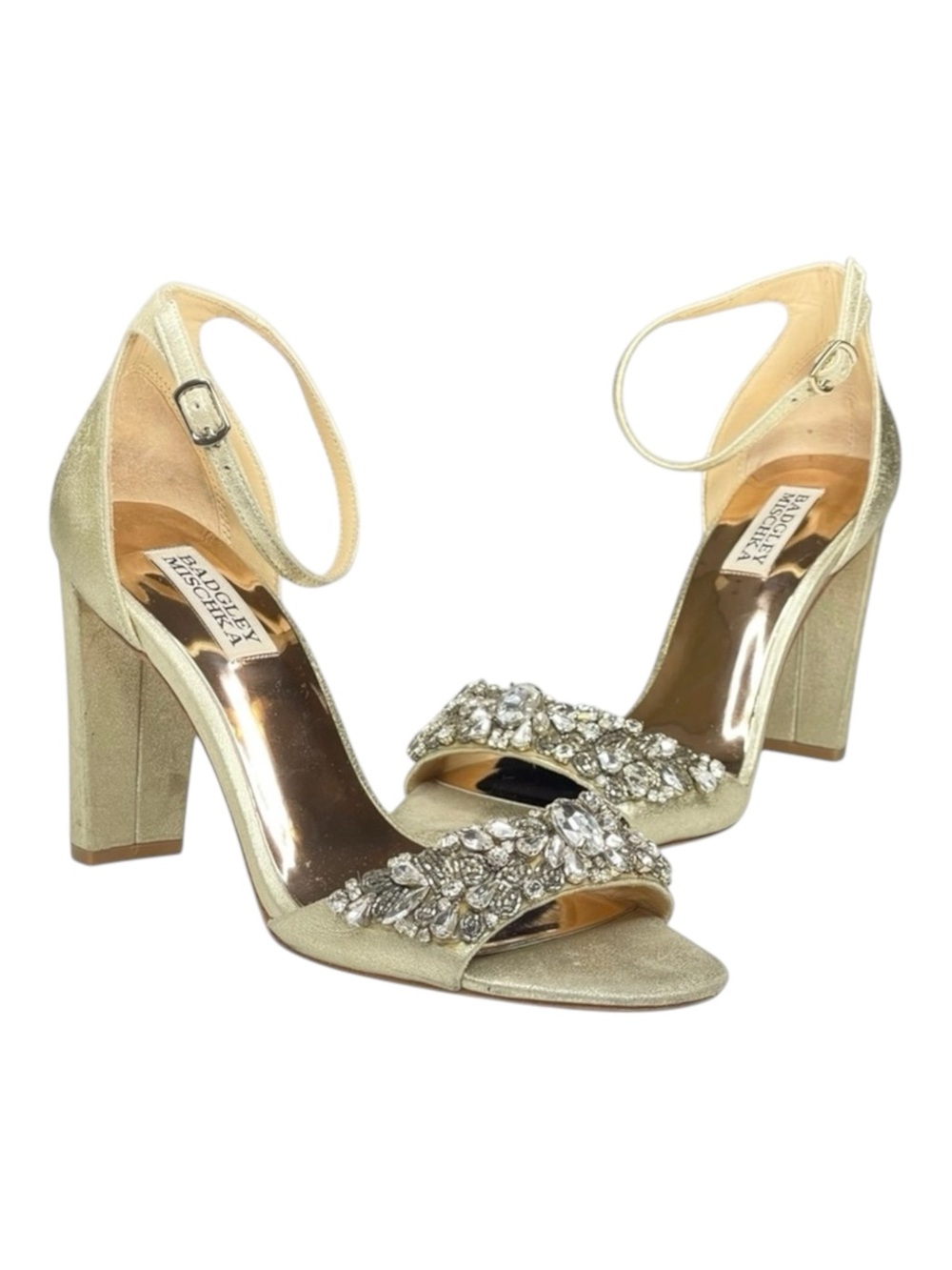 Badgley Mischka ❧ Barby Crystallized Heeled Sandals ❧ Gold Shimmery Leather ❧ 8M - Picture 10 of 16
